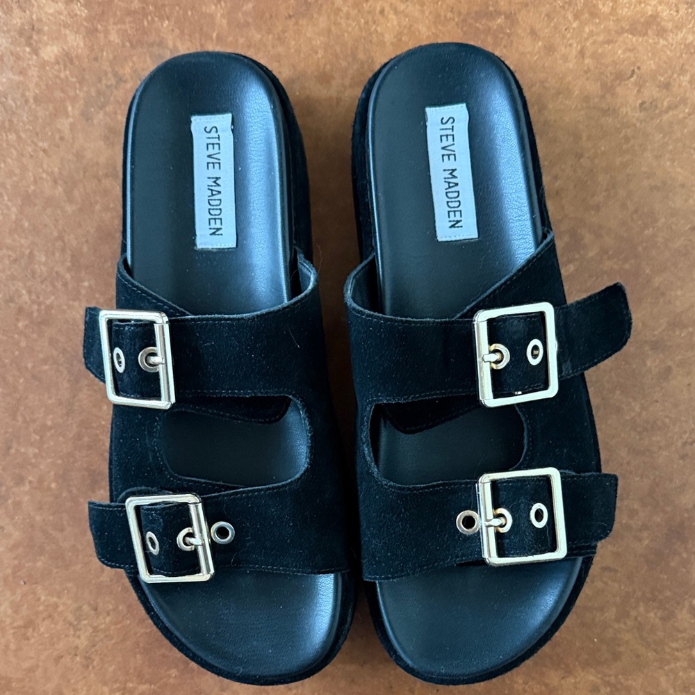 Steve Madden Black Sandals with Gold Buckles